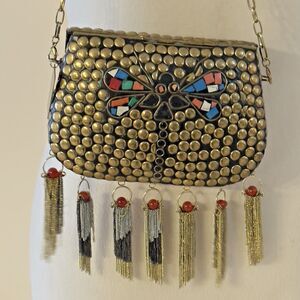Love Binetti Diego Metal Brass Stud Clutch Bag Mini Purse Butterfly Coral Tassel